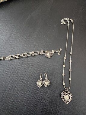 Brighton Silver Heart Filigree Necklace and Earrings Set